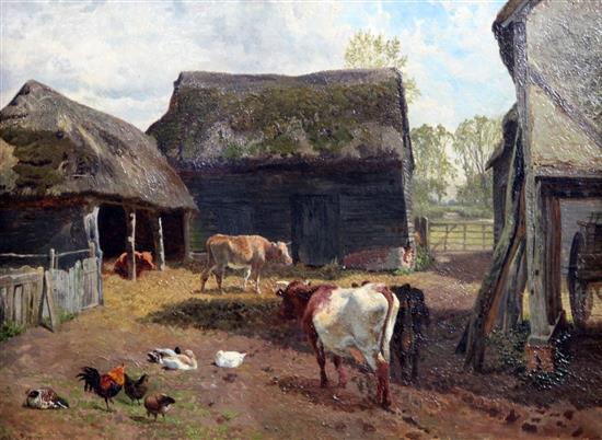 Charles Collins (1851-1921) Cattle and poultry in a farmyard 12 x 15.5in.